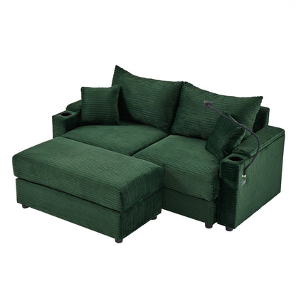 Canapé causeuse en velours côtelé vert moderne 72,8 avec pouf amovible, accoudoirs de rangement, support pour téléphone et deux ports USB