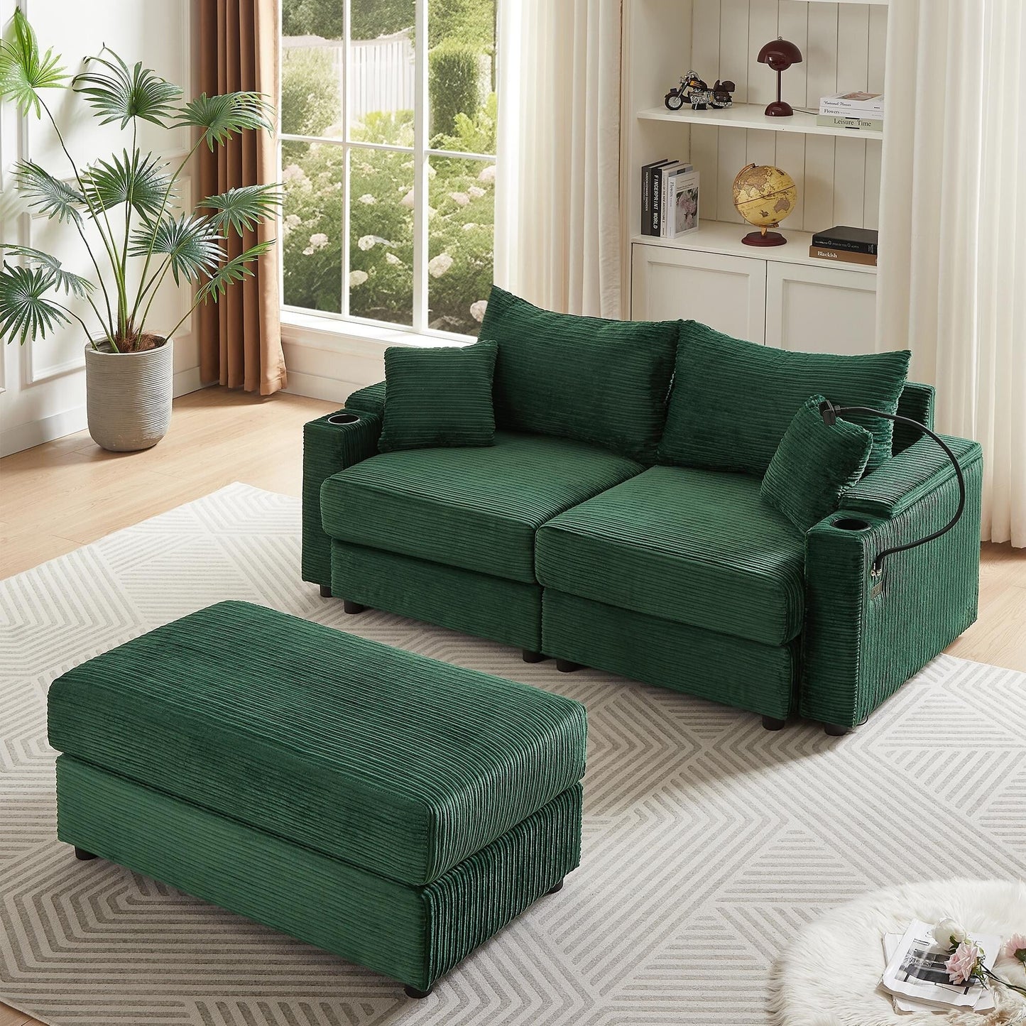 Canapé causeuse en velours côtelé vert moderne 72,8 avec pouf amovible, accoudoirs de rangement, support pour téléphone et deux ports USB