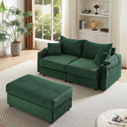 Canapé causeuse en velours côtelé vert moderne 72,8 avec pouf amovible, accoudoirs de rangement, support pour téléphone et deux ports USB