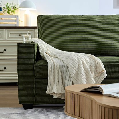 Canapé 3 places en velours côtelé vert moderne 87,4 avec porte-gobelet et sacs de rangement pour le salon