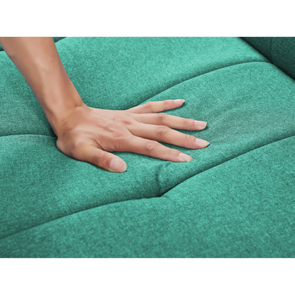 Canapé-lit causeuse moderne en lin vert avec accoudoirs carrés, cadre en bois d'eucalyptus et pieds en peuplier pour le salon