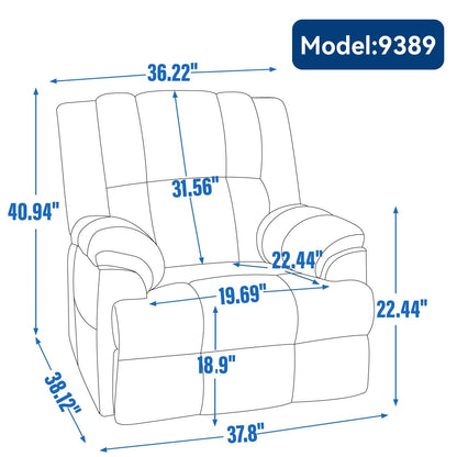 Fauteuil inclinable surdimensionné en tissu vert avec fonction pivotante et basculante à 360°, commande manuelle pour un confort maximal