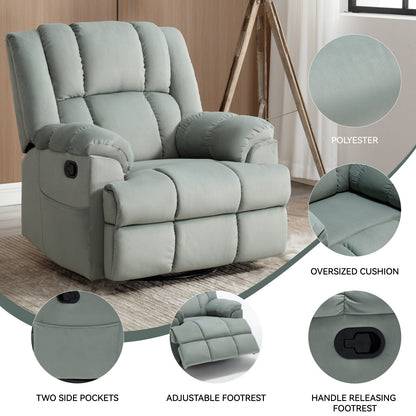 Fauteuil inclinable surdimensionné en tissu vert avec fonction pivotante et basculante à 360°, commande manuelle pour un confort maximal