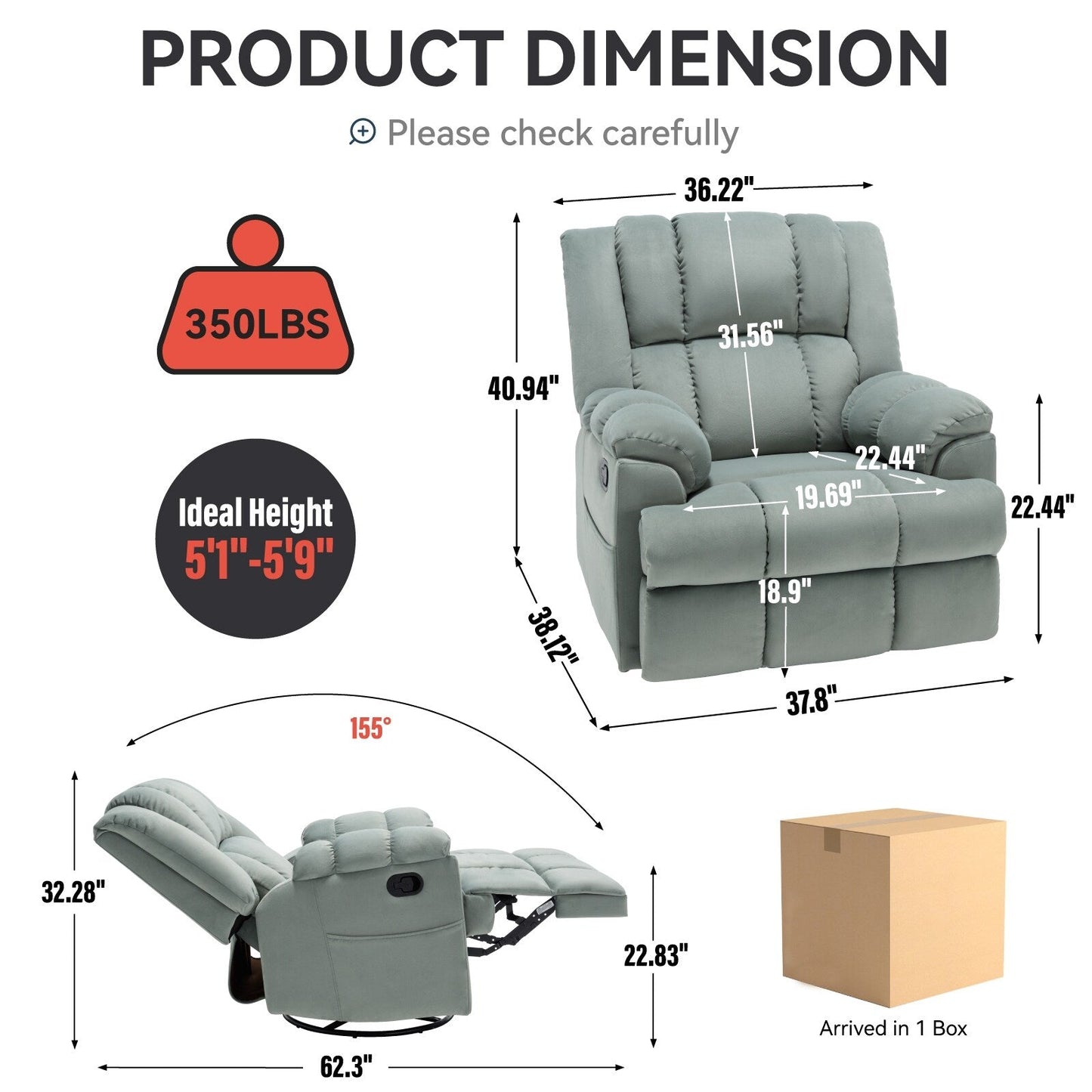 Fauteuil inclinable surdimensionné en tissu vert avec fonction pivotante et basculante à 360°, commande manuelle pour un confort maximal