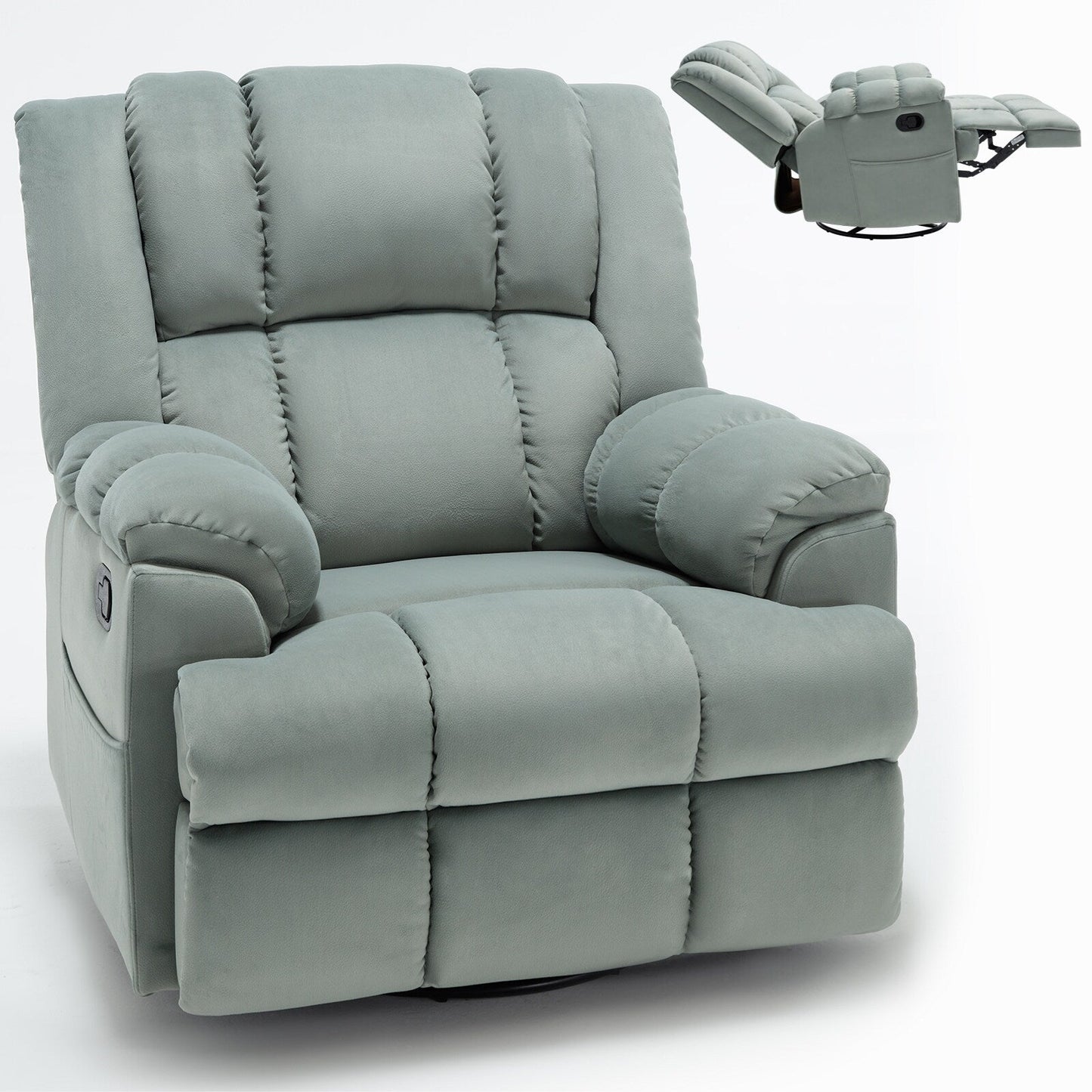 Fauteuil inclinable surdimensionné en tissu vert avec pivot à 360°, fonction bascule et commandes manuelles pour un confort maximal