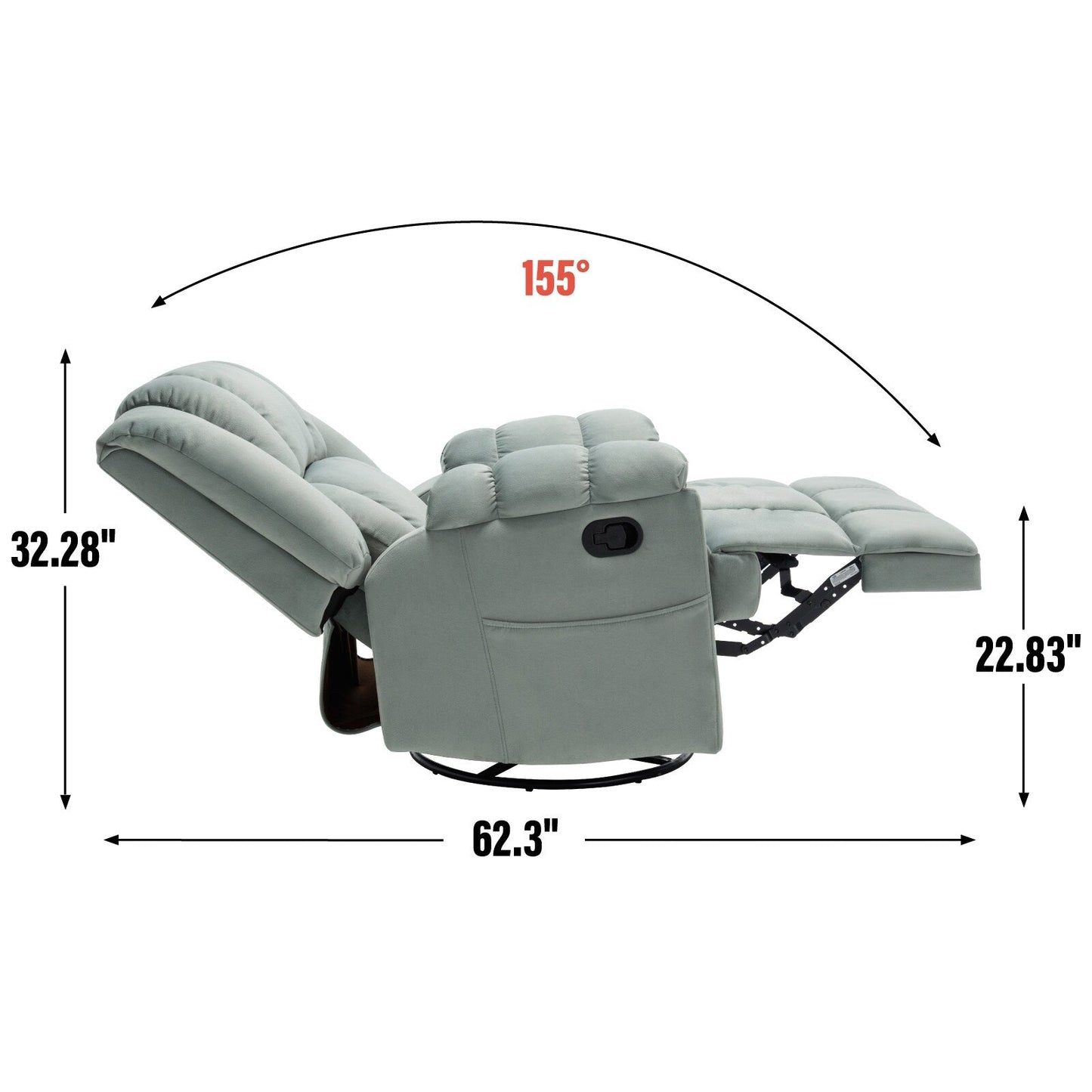 Fauteuil inclinable surdimensionné en tissu vert avec pivot à 360°, fonction bascule et commandes manuelles pour un confort maximal
