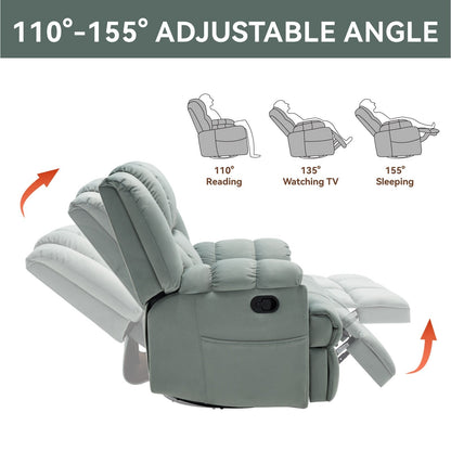 Fauteuil inclinable manuel surdimensionné vert avec fonction pivotante et basculante à 360°, revêtement en tissu pour un confort optimal au salon