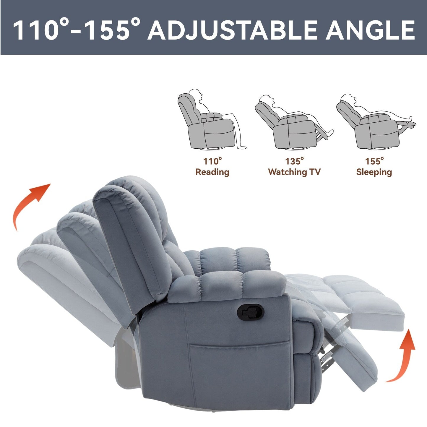 Fauteuil inclinable manuel surdimensionné vert avec fonction pivotante et basculante à 360°, revêtement en tissu doux pour un confort optimal