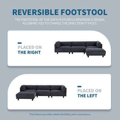 Canapé sectionnel 3 places en polyester gris 102,4 po avec repose-pieds réversible, coussins épais et pieds en plastique résistants