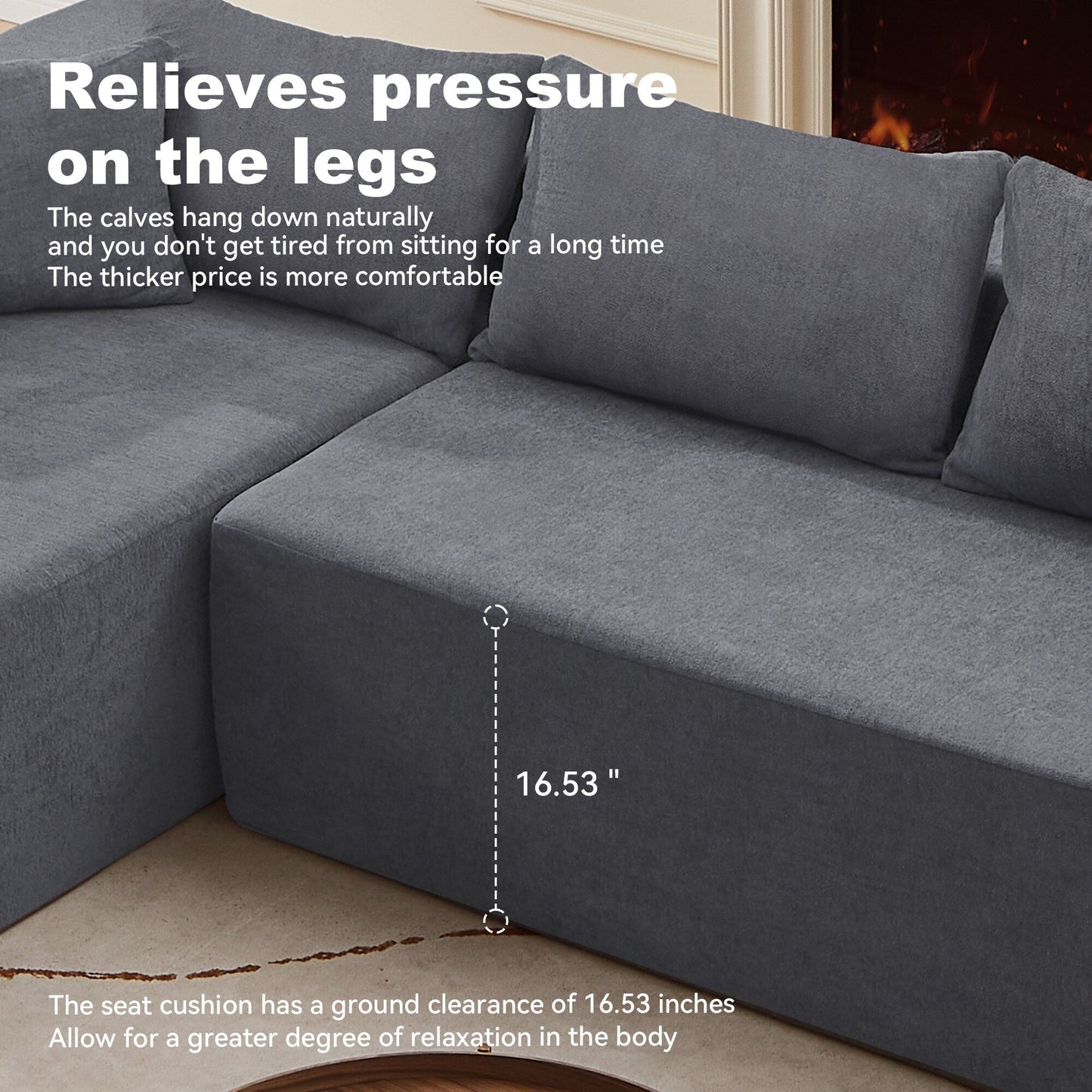 Canapé sectionnel 3 places en tissu gris de 107,48 po avec coussins de 16,53 po et méridienne, modèle 2 pièces