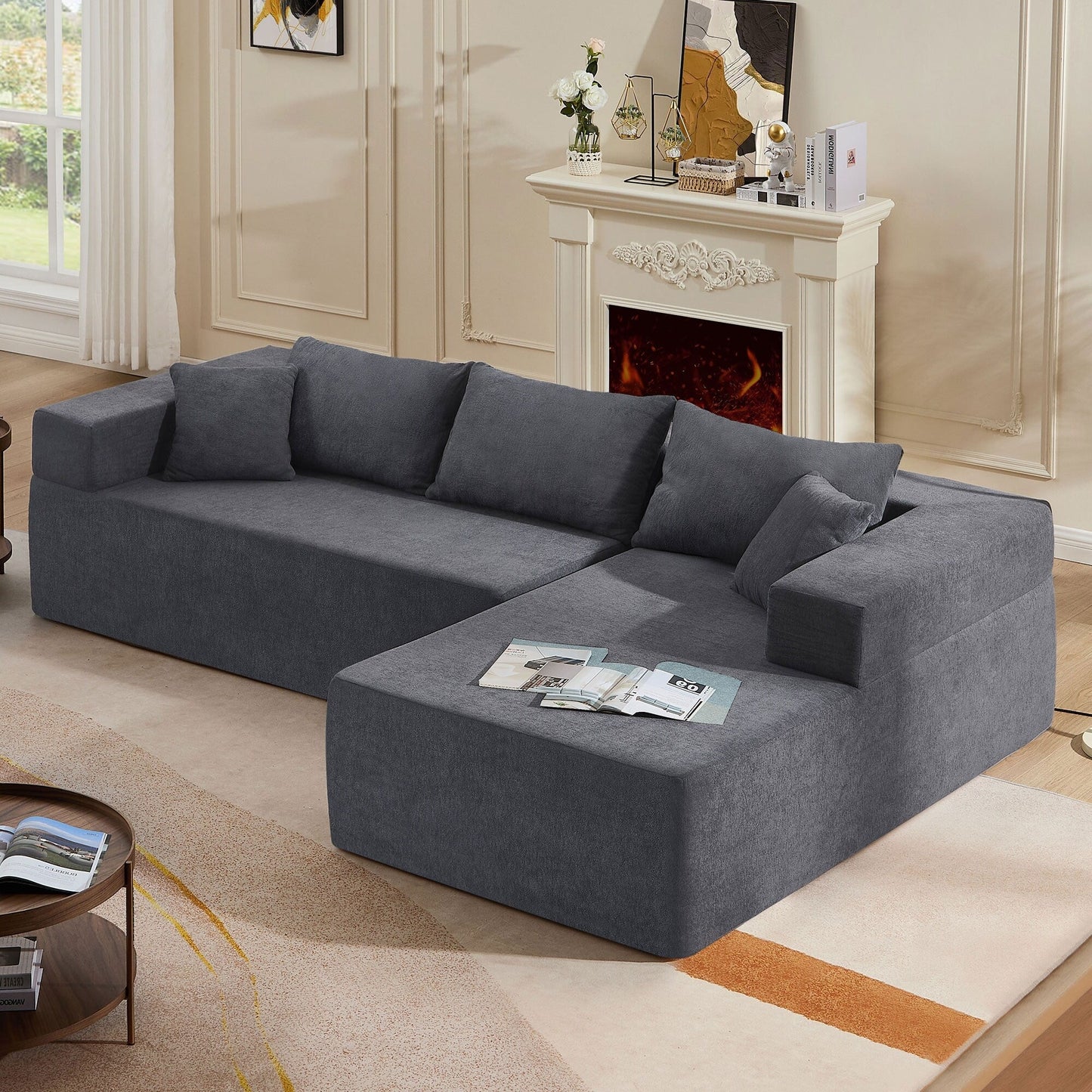 Canapé sectionnel 3 places en tissu gris de 107,48 po avec coussins de 16,53 po et méridienne, modèle 2 pièces