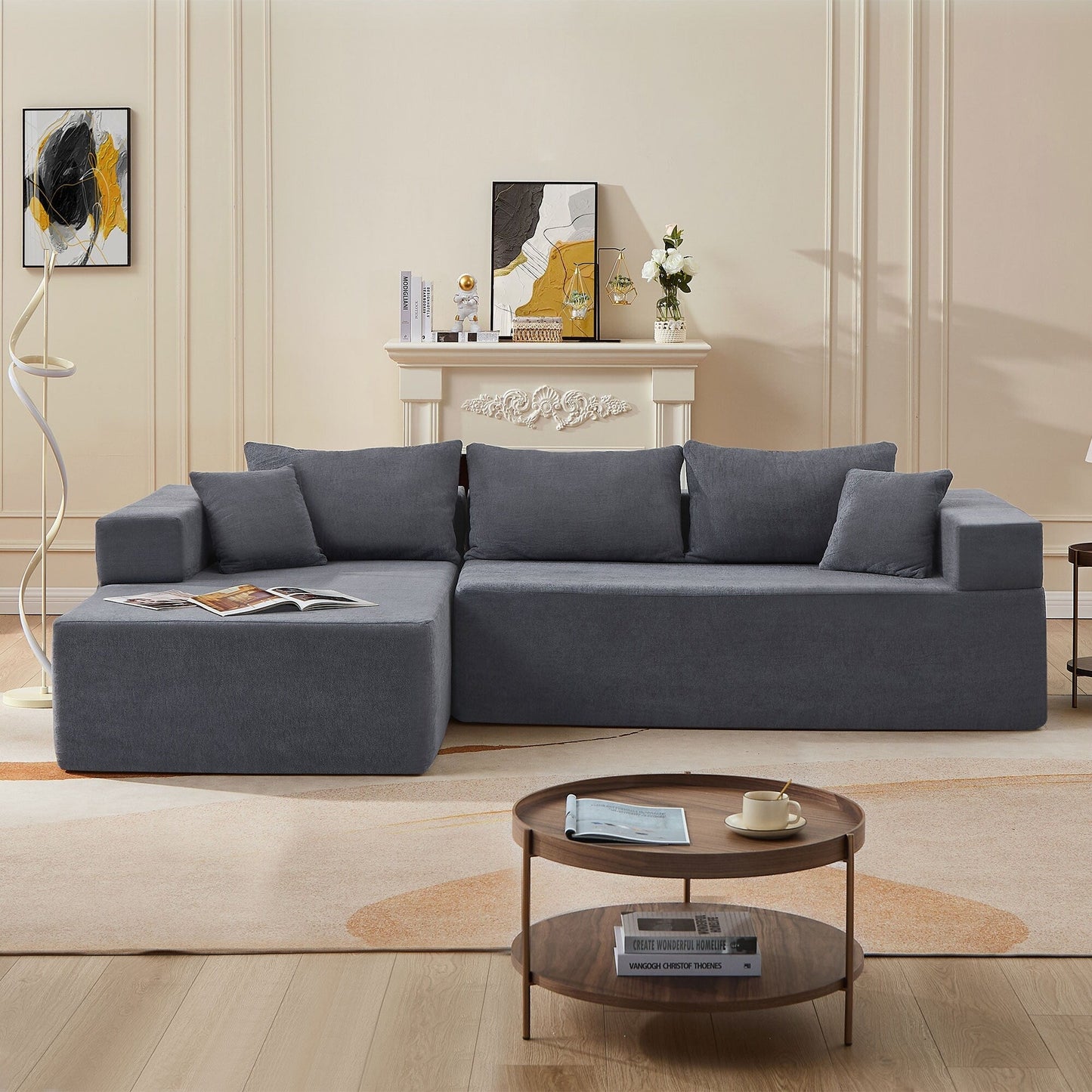 Canapé sectionnel 3 places en tissu gris de 107,48 po avec coussins de 16,53 po et méridienne, modèle 2 pièces