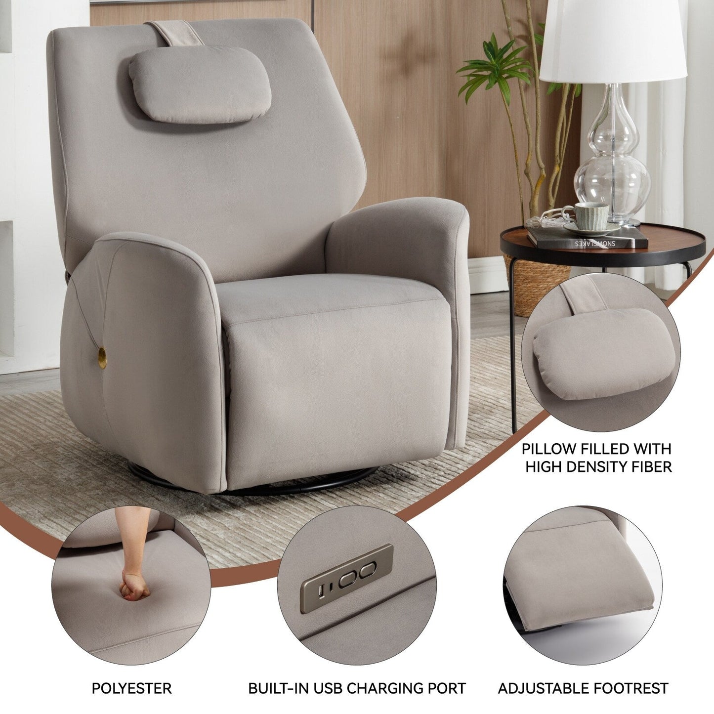 Fauteuil inclinable électrique pivotant à 270° gris avec appui-tête, ports USB, Type-C et repose-pieds