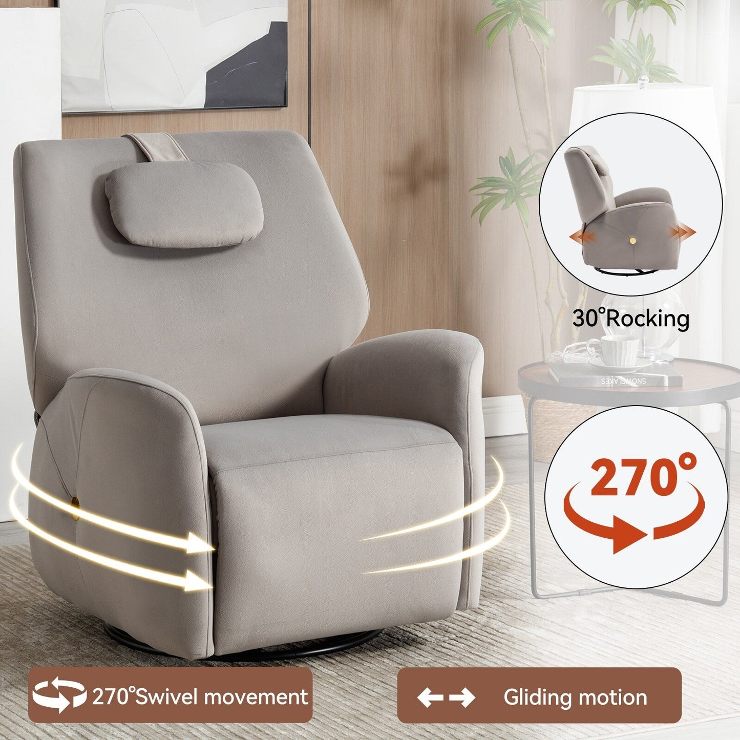 Fauteuil inclinable électrique pivotant à 270° gris avec appui-tête, ports USB, Type-C et repose-pieds
