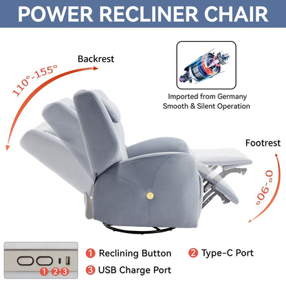 Fauteuil inclinable électrique pivotant à 270° gris avec mouvement de bascule, soutien cervical et lombaire, ports USB et Type-C, facile à assembler