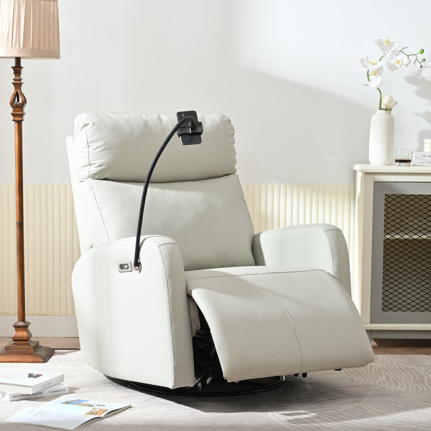 Fauteuil inclinable pivotant à 270° gris avec ports USB, inclinaison électrique et confort généreux