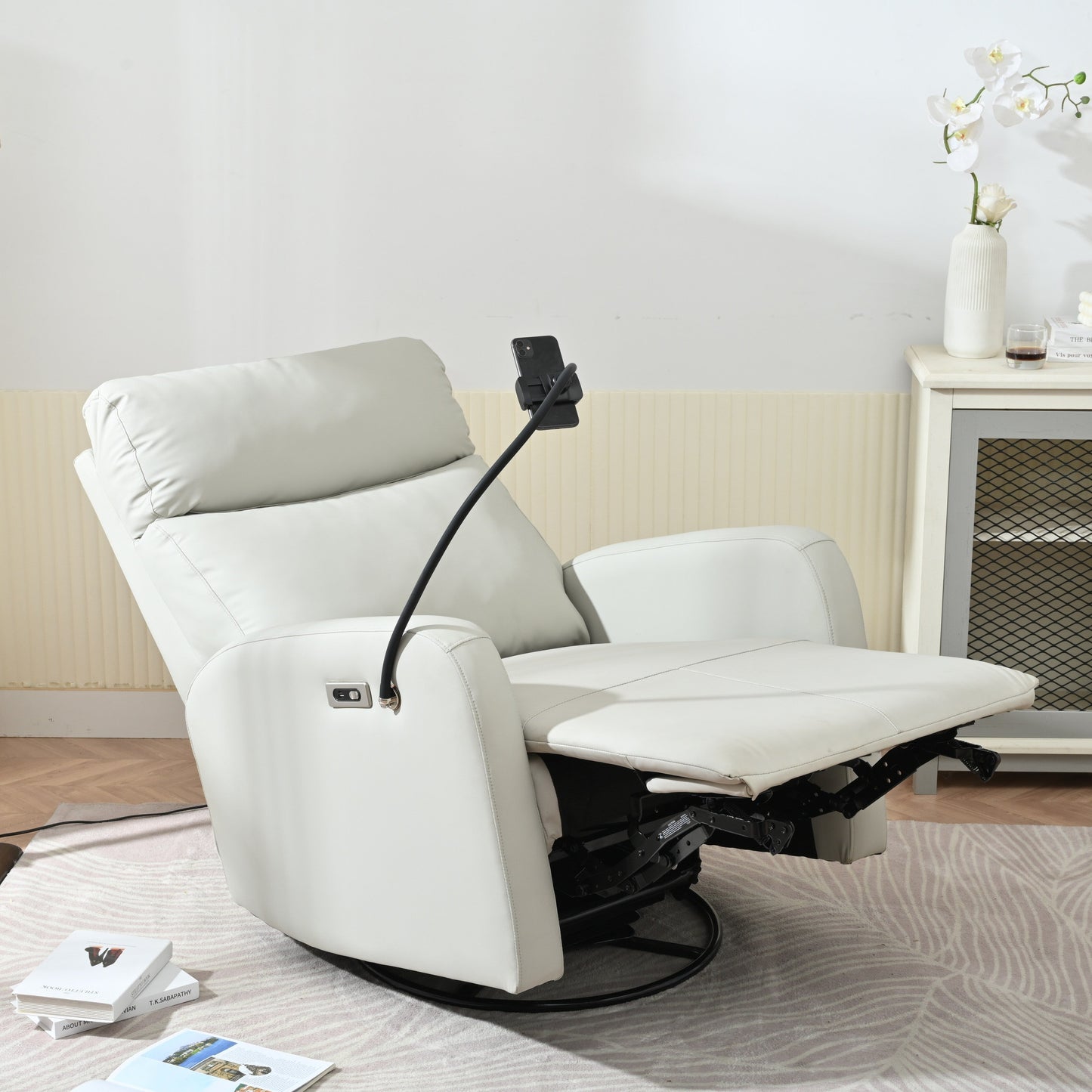 Fauteuil inclinable pivotant à 270° gris avec ports USB, inclinaison électrique et confort moelleux
