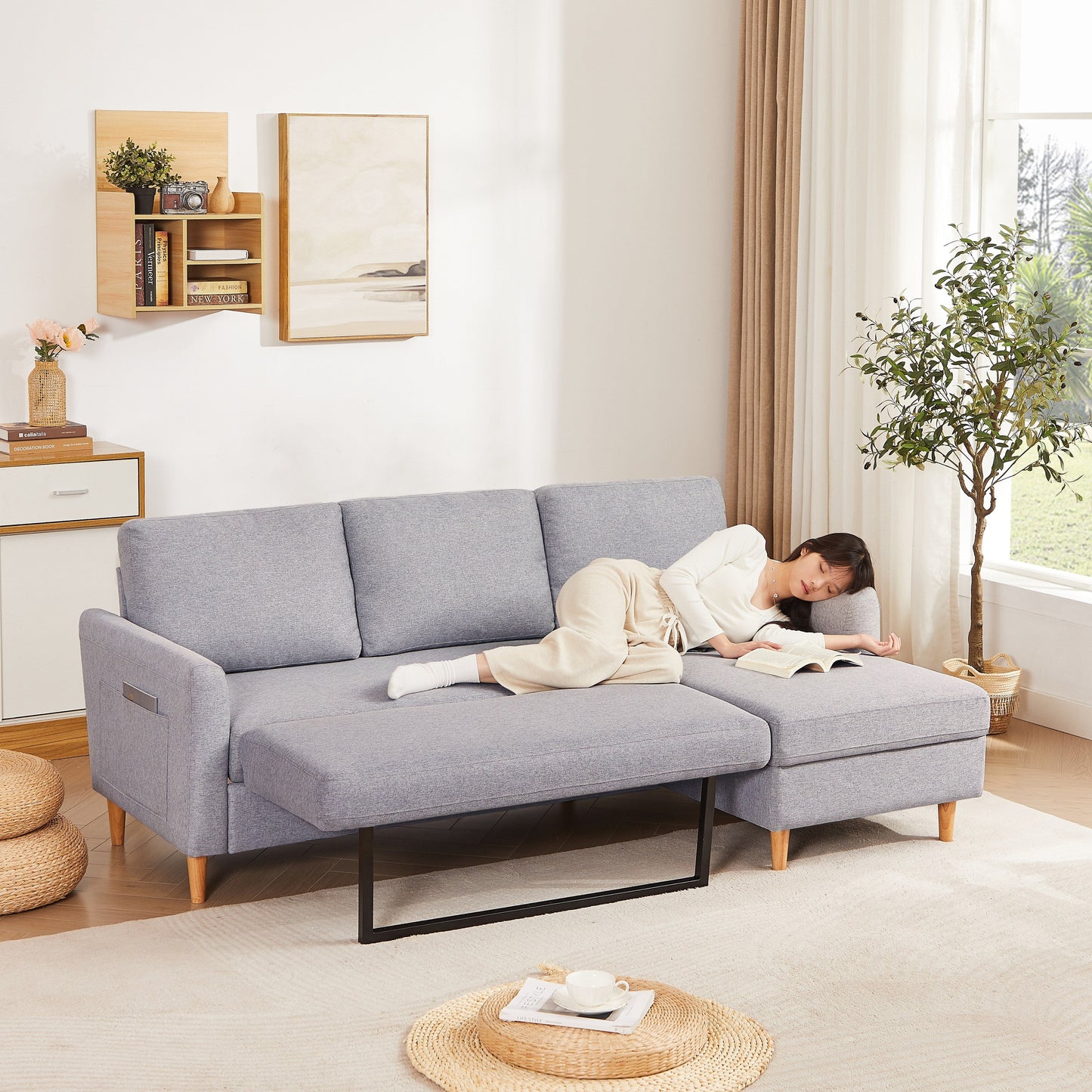 Canapé-lit 3 places réglable en tissu gris de 71 cm avec lit gigogne, méridienne et poches de rangement pour accoudoirs