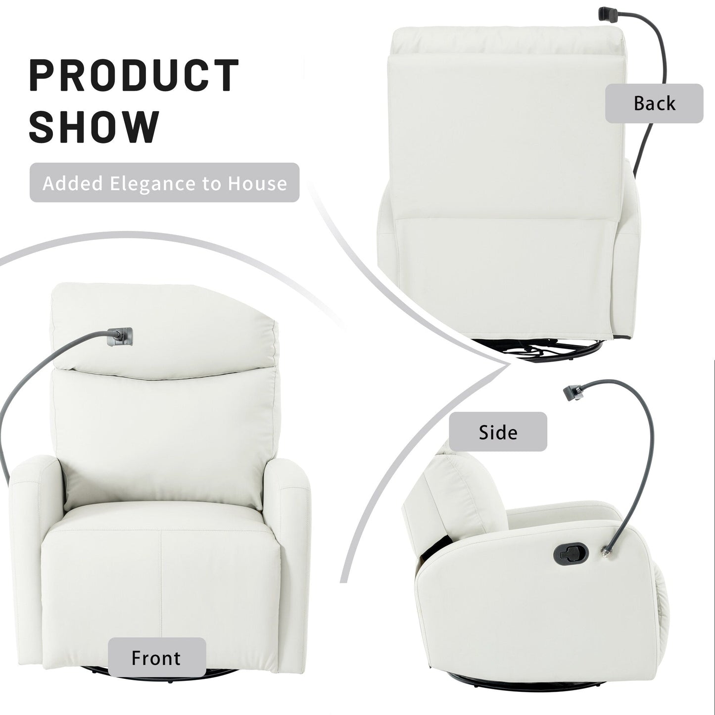 Fauteuil inclinable pivotant à 360° gris avec mouvement de bascule, support de téléphone, repose-pieds et inclinaison réglable pour home cinéma