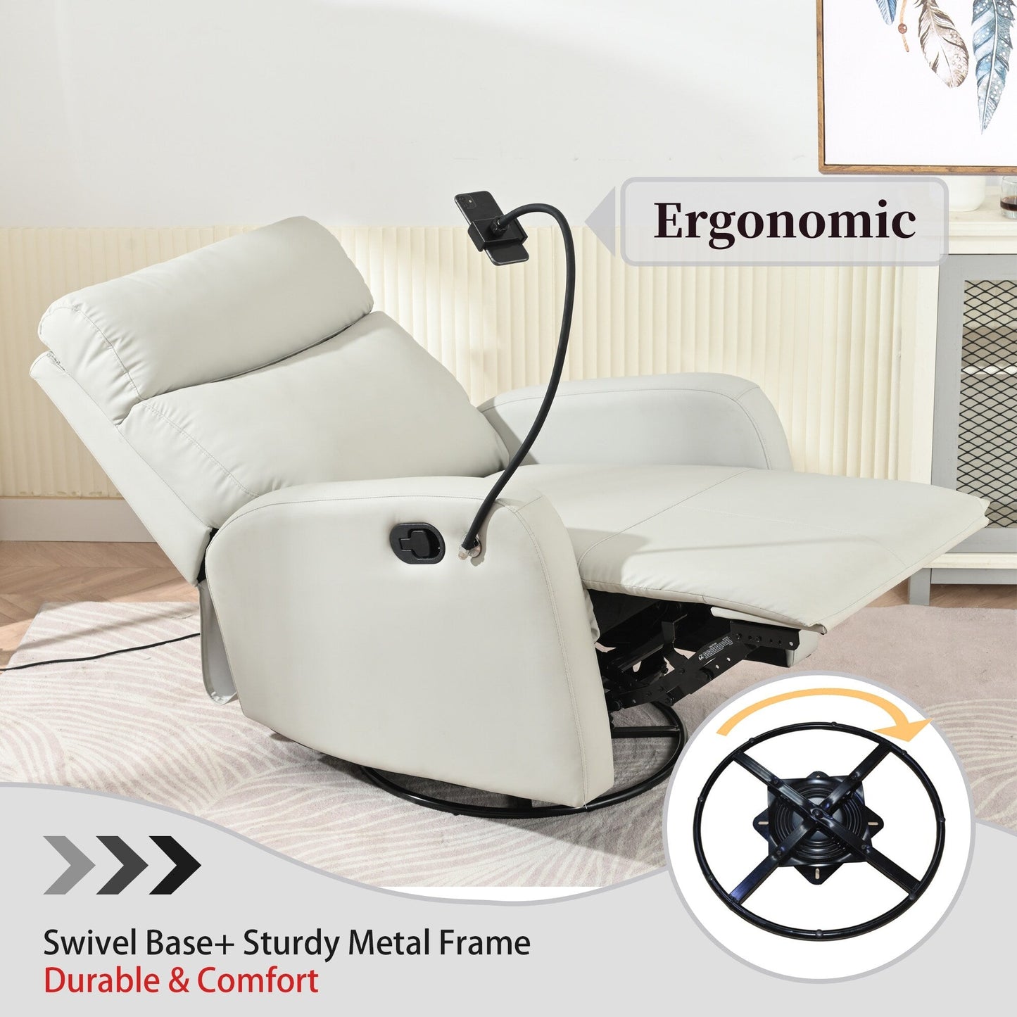 Fauteuil inclinable pivotant à 360° gris avec mouvement de bascule, support de téléphone, repose-pieds et inclinaison réglable pour home cinéma