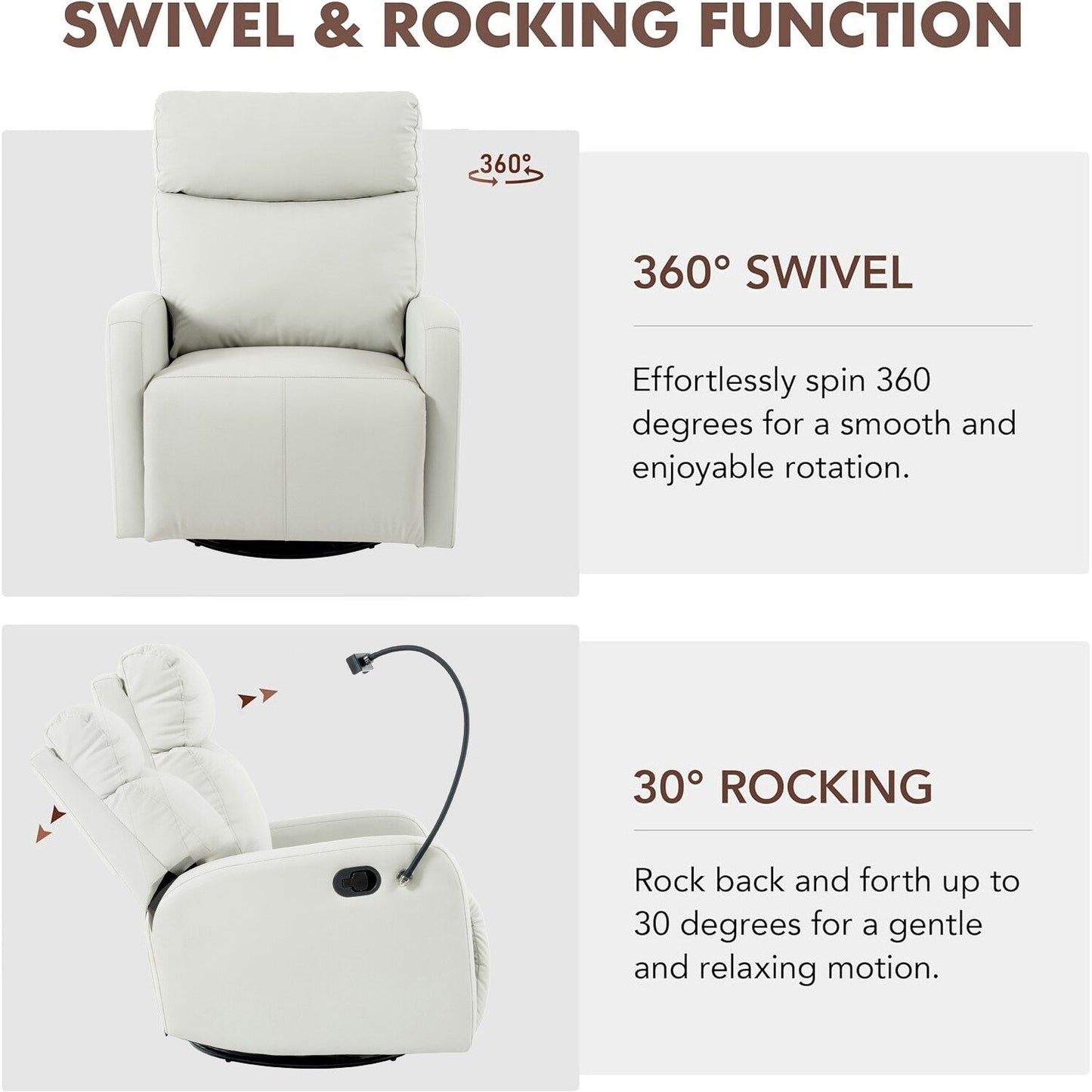 Fauteuil inclinable pivotant à 360° gris avec repose-pieds réglable, rembourrage doux et confortable, et support pour téléphone