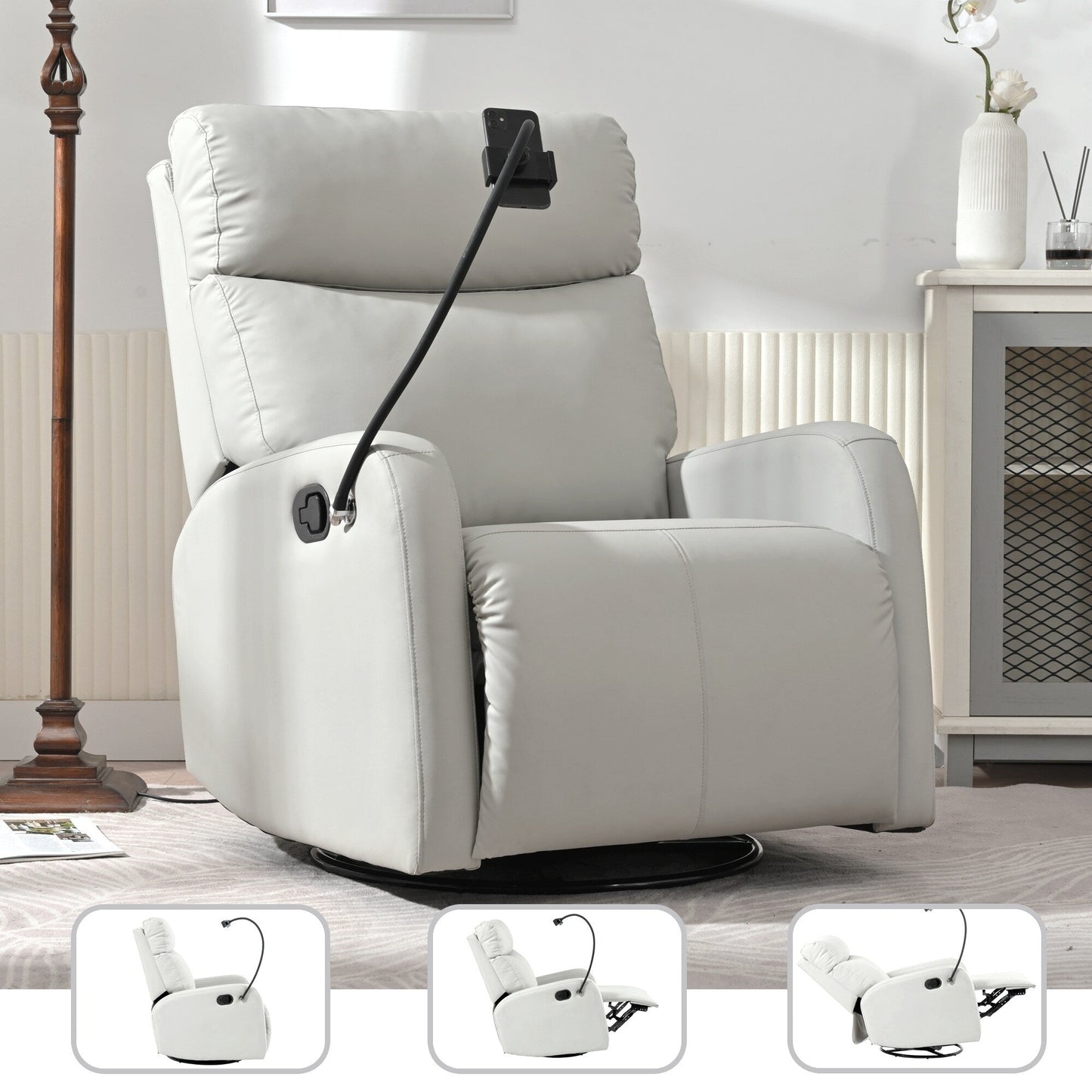 Fauteuil inclinable pivotant à 360° gris avec repose-pieds réglable, rembourrage doux et confortable, et support pour téléphone