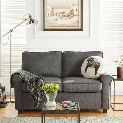 Canapé causeuse gris 57,1 pouces en lin avec accoudoirs roulés, matelas en mousse à mémoire de forme et pieds en plastique pour le salon
