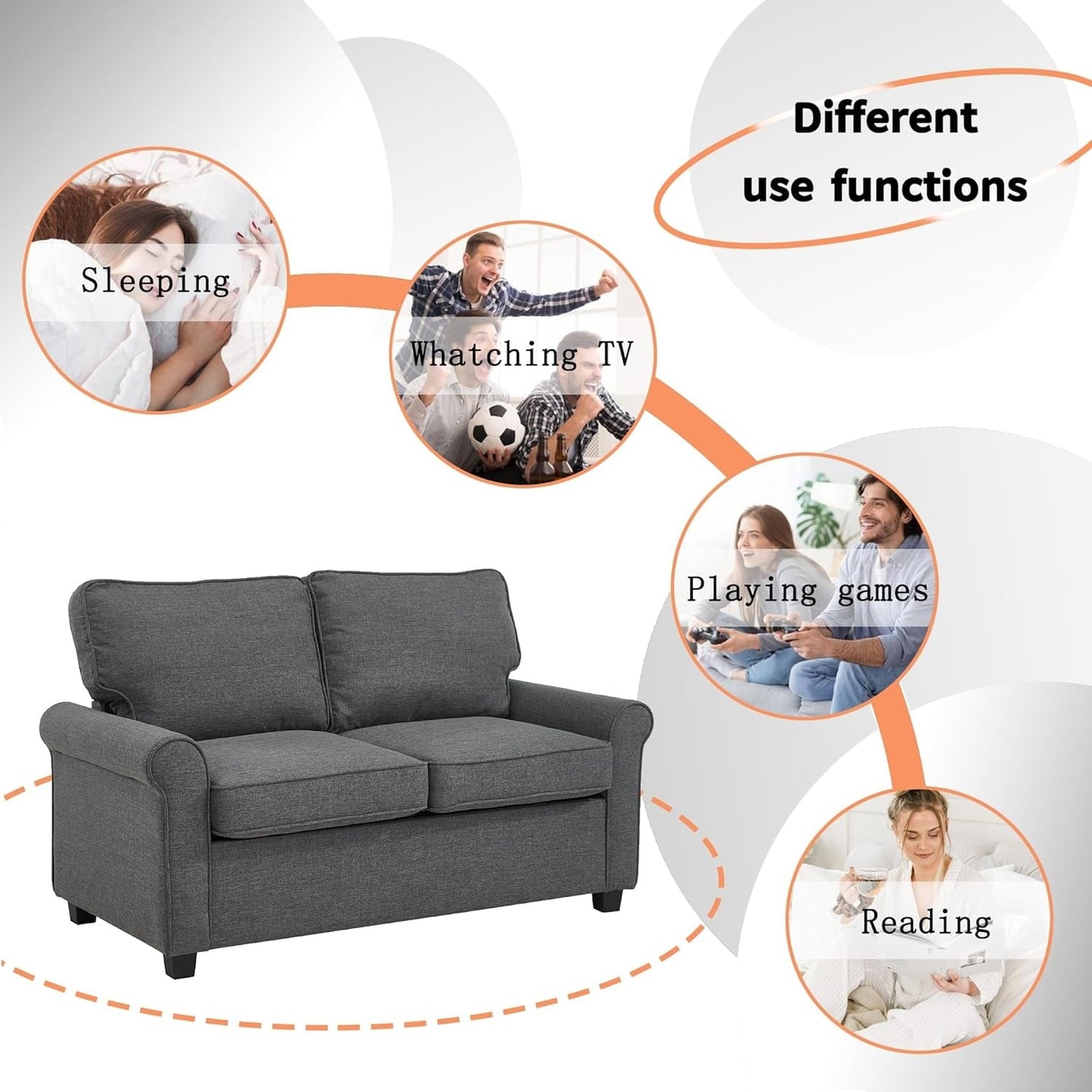 Canapé causeuse gris 57,1 pouces en lin avec accoudoirs roulés, matelas en mousse à mémoire de forme et pieds en plastique pour le salon