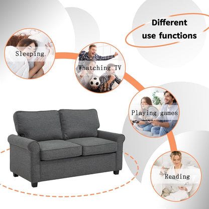 Canapé causeuse gris 57,1 pouces en lin avec accoudoirs roulés, matelas en mousse à mémoire de forme et pieds en plastique pour le salon