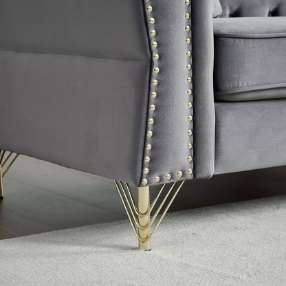 Canapé 2 places en velours gris 60,2 avec bordure cloutée