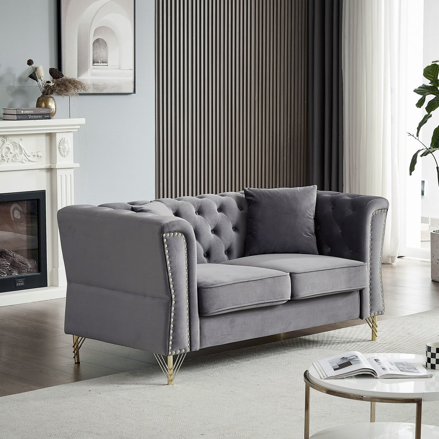 Canapé 2 places en velours gris 60,2 avec bordure cloutée