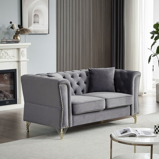 Canapé 2 places en velours gris 60,2 avec bordure cloutée