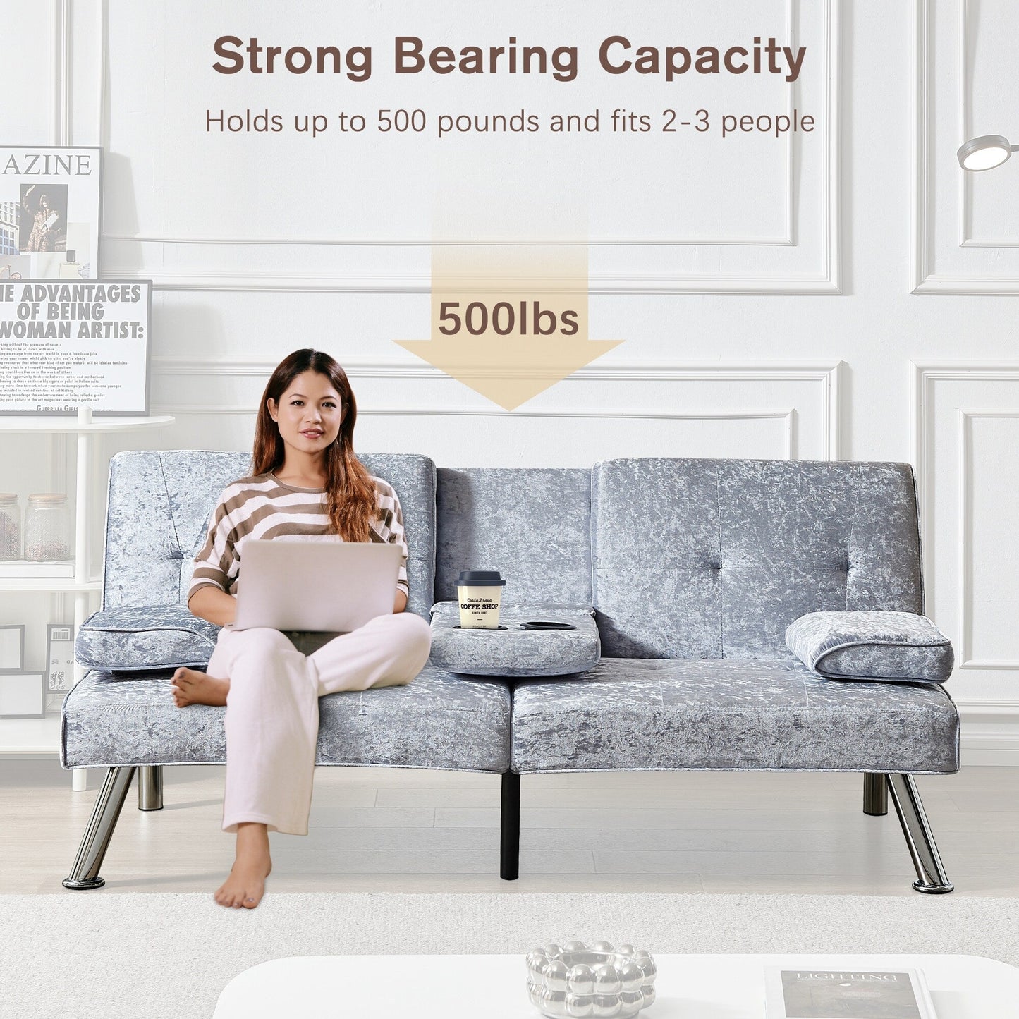 Canapé-lit futon en velours gris 66,1 avec accoudoirs amovibles et porte-gobelets pour le salon