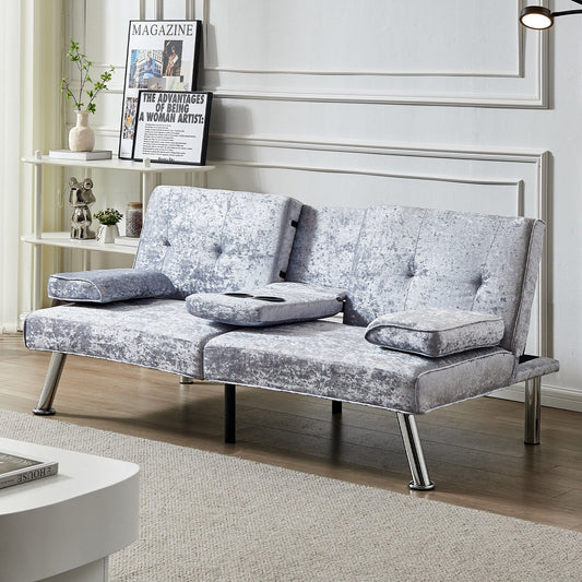 Canapé-lit futon en velours gris 66,1 avec accoudoirs amovibles et porte-gobelets pour le salon