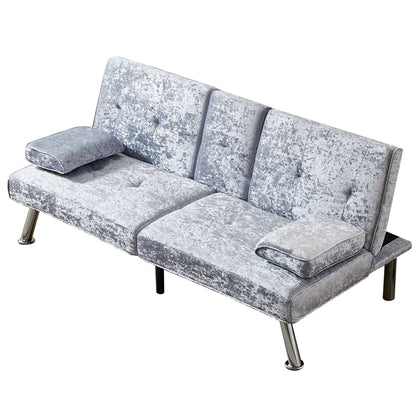 Canapé-lit futon en velours gris 66,1 avec accoudoirs amovibles et porte-gobelets pour le salon