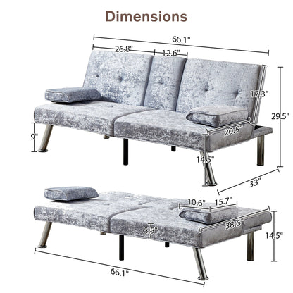 Canapé-lit futon en velours gris 66,1 avec accoudoirs amovibles et porte-gobelets pour le salon