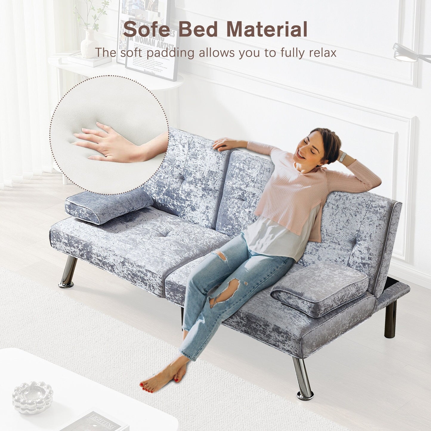 Canapé-lit futon en velours gris 66,1 avec accoudoirs amovibles et porte-gobelets pour le salon