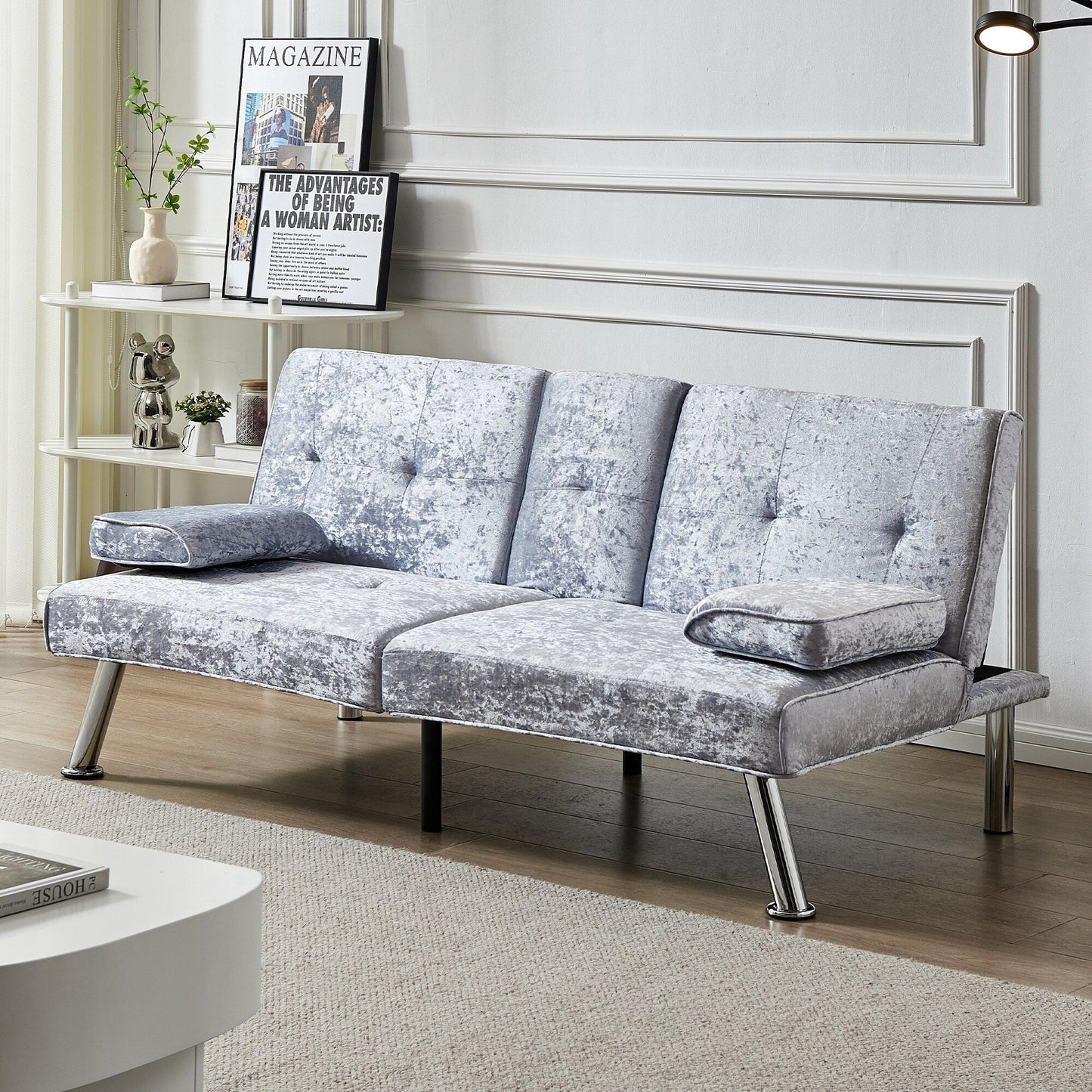 Canapé-lit futon en velours gris 66,1 avec accoudoirs amovibles et porte-gobelets pour le salon