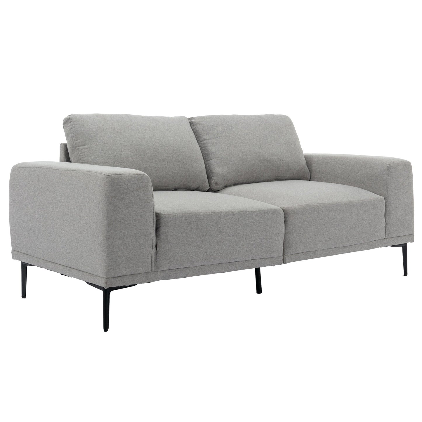 Grand canapé 2 places en tissu gris 74,8 avec coussins amovibles, pieds en fer et accoudoirs carrés