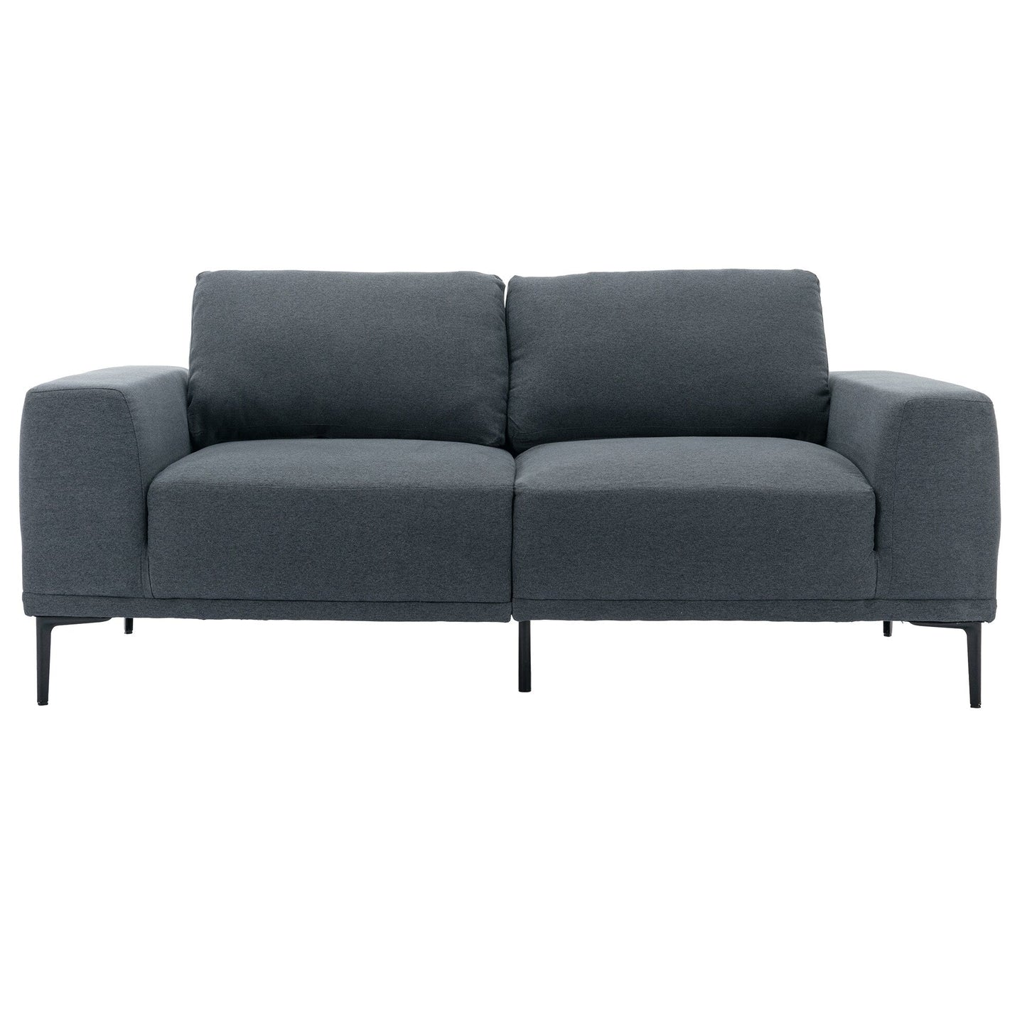 Canapé 2 places en tissu gris moderne de 190 cm avec pieds en fer et coussins confortables, pour salon, appartement ou chambre.