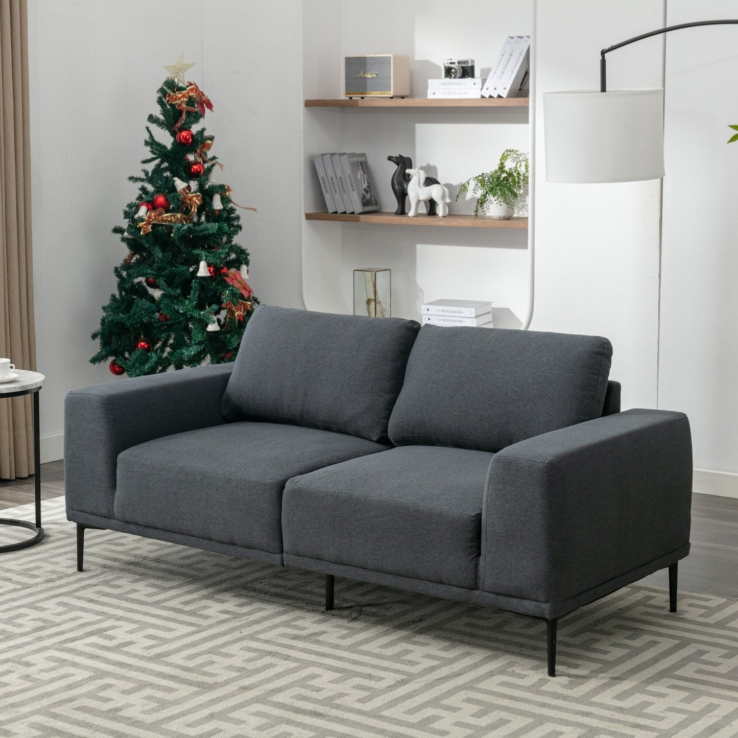 Canapé 2 places en tissu gris moderne de 190 cm avec pieds en fer et coussins confortables, pour salon, appartement ou chambre.