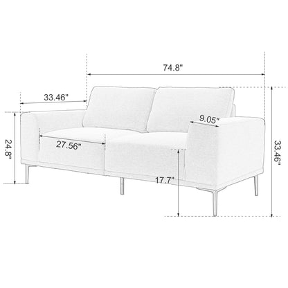 Canapé 2 places en tissu gris moderne de 190 cm avec pieds en fer et coussins confortables, pour salon, appartement ou chambre.