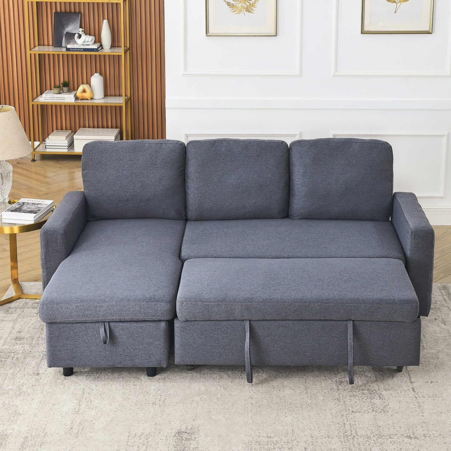 Canapé sectionnel en lin gris de 78,8 po avec fonction coulissante, design convertible et méridienne de rangement