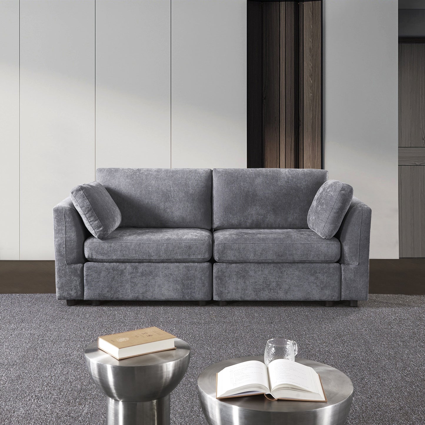 Canapé modulable gris 80,31 en chenille avec cadre en bois massif pour salon