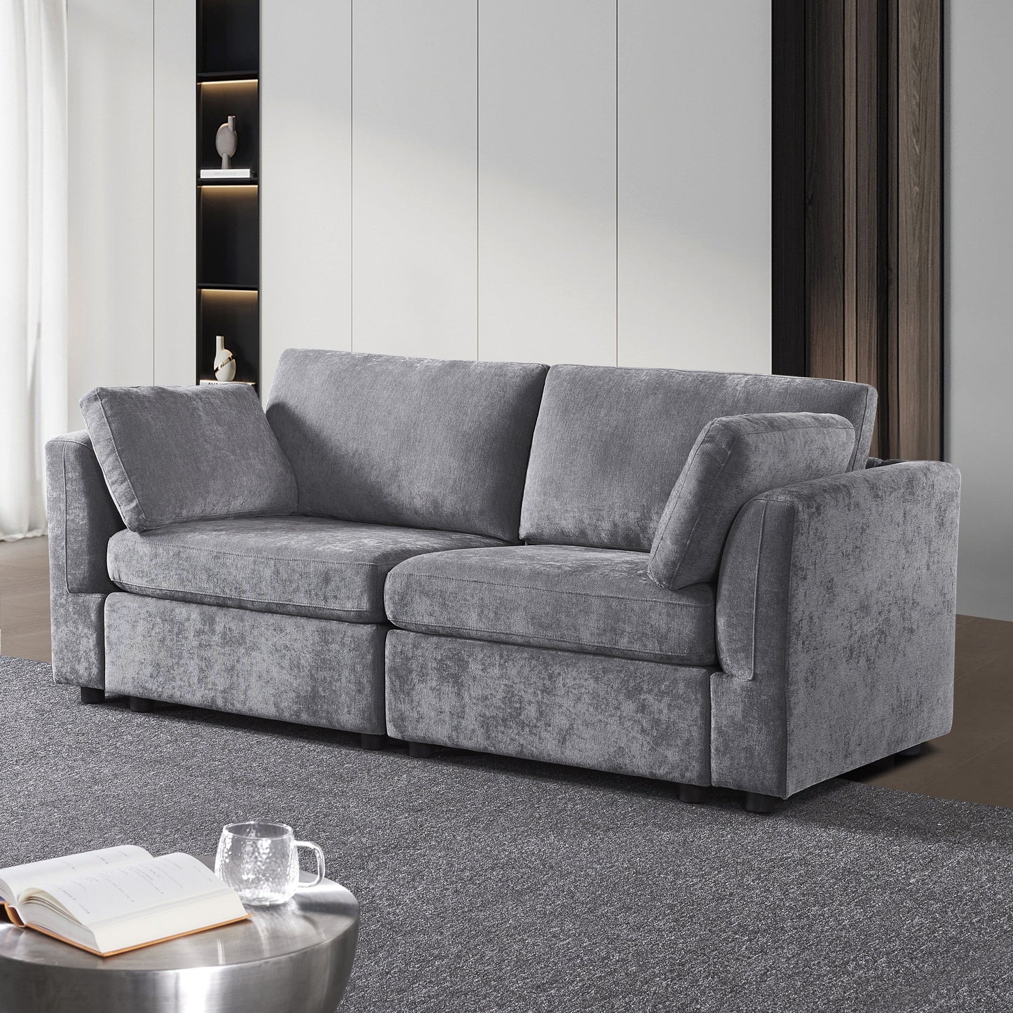 Canapé modulable gris 80,31 en chenille avec cadre en bois massif pour salon