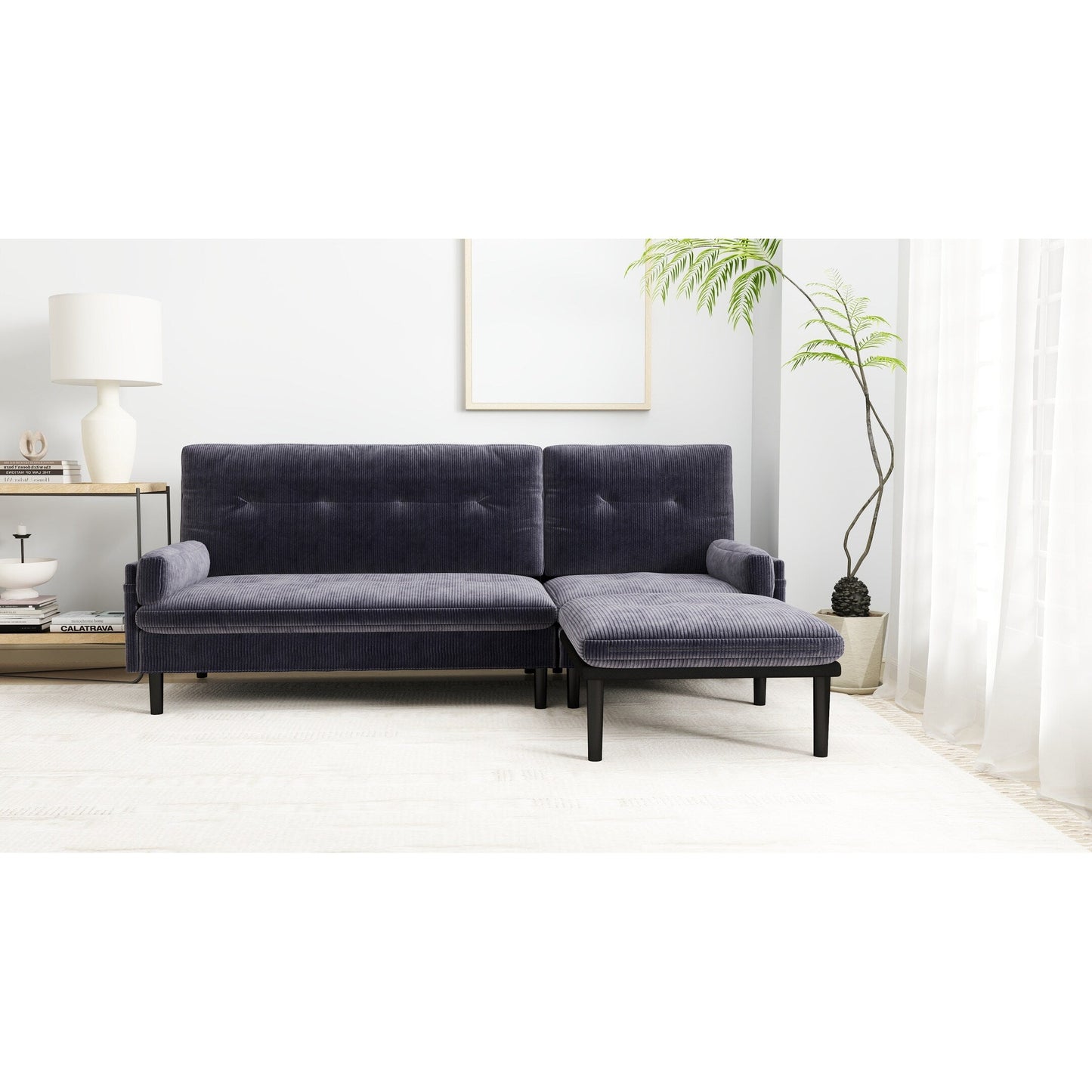 Canapé 3 places multifonctionnel réglable en velours côtelé gris 80.7, convertible en L et lit d'appoint