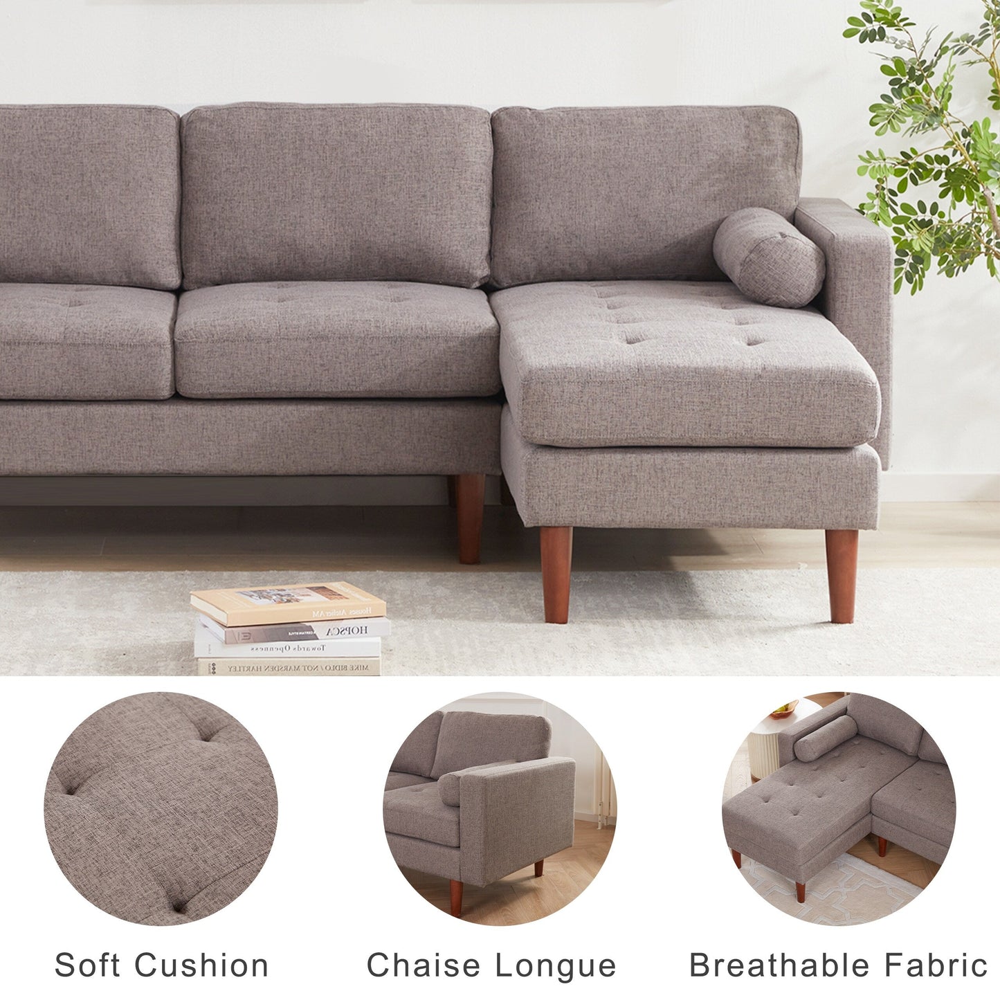 Canapé sectionnel 3 places en tissu gris 80 en forme de L avec coussins capitonnés, méridienne réversible, canapé moderne du milieu du siècle