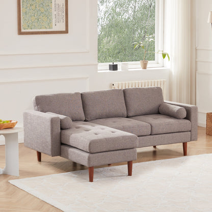 Canapé sectionnel 3 places en tissu gris 80, avec coussins capitonnés, méridienne réversible et cadre en bois robuste.