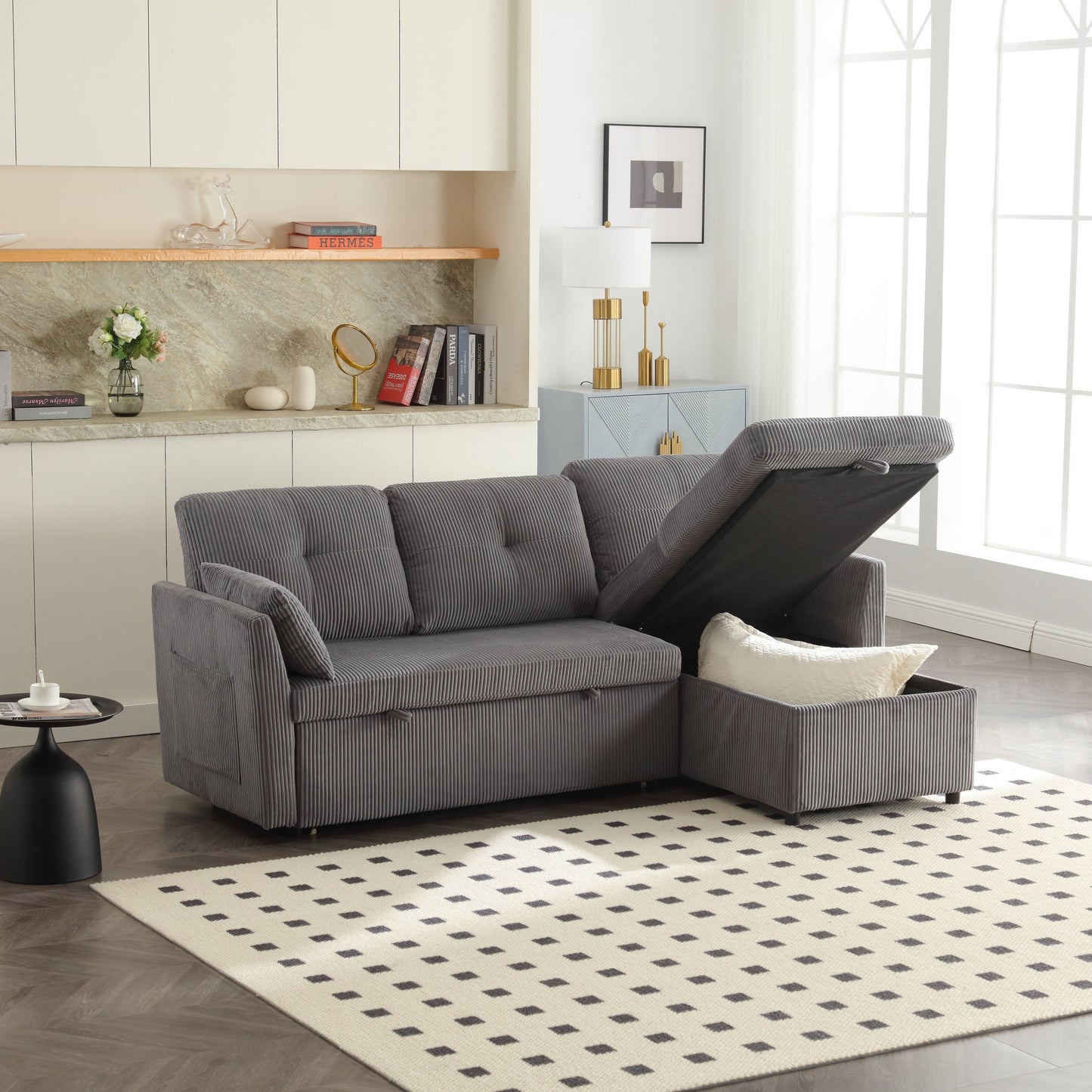 Canapé en L en tissu gris de 81,1 po avec méridienne réversible