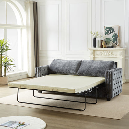 Canapé-lit 3 places gris 81 chenille cloutée avec matelas en mousse à mémoire de forme pour le salon